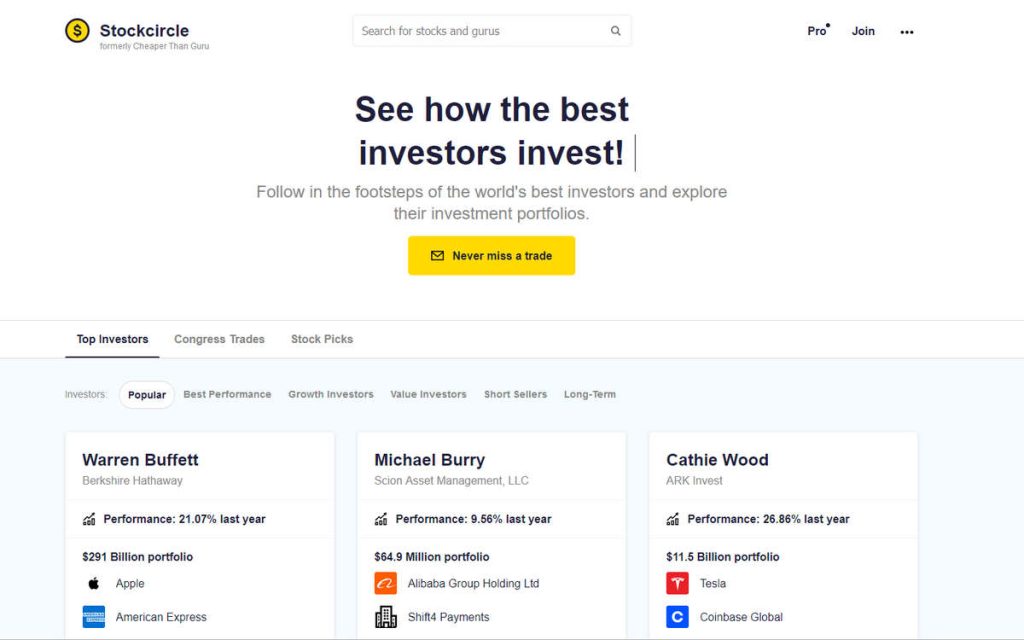 Stockcircle，华尔街投资大鳄及国会议员持仓及交易查询工具，跟着股神炒美股